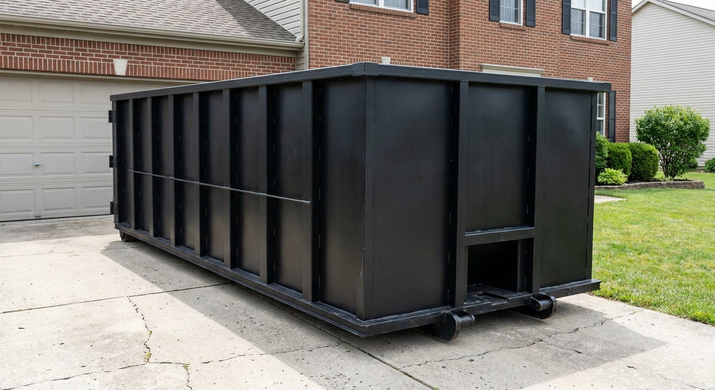 Matte-black 20-yard roll-off container on a Bedford residential concrete driveway with reinforced ribbed steel sidewalls and a hinged rear walk-in door, clean bright daylight.