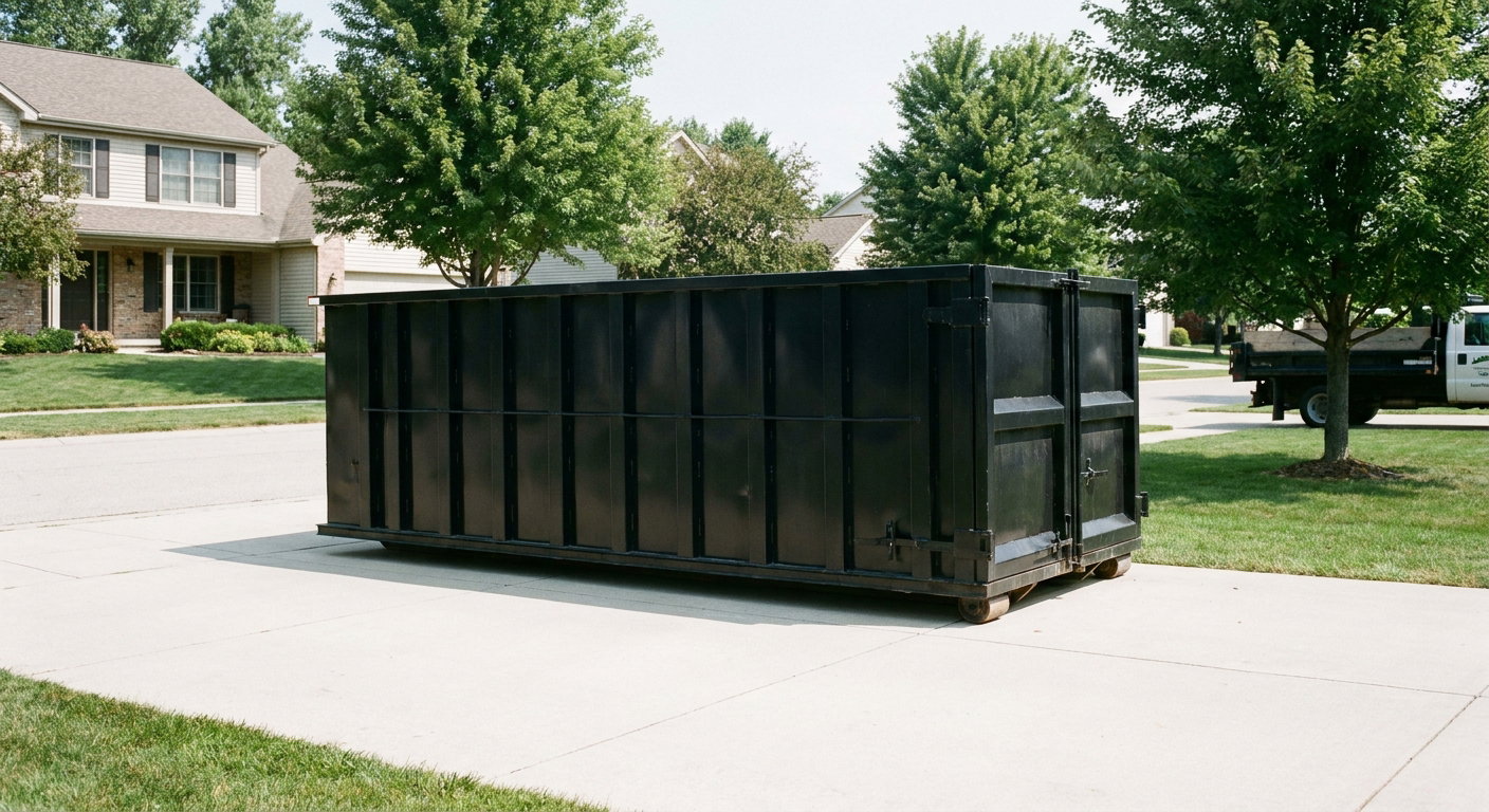 Matte-black 20-yard roll-off dumpster sitting level on a clean Bedford residential concrete driveway under bright daylight, demonstrating clean placement directly on the concrete.
