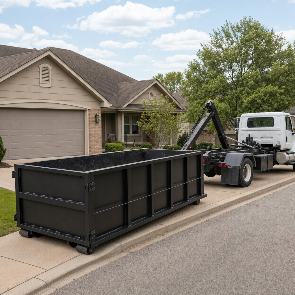Wide documentary shot of a matte-black roll-off dumpster on a Bedford residential driveway in the foreground and a contractor jobsite container in the soft-focus background, bright daylight, calm and orderly composition.