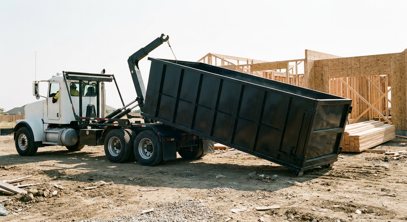 Matte-black roll-off dumpster being delivered onto a clean residential concrete driveway in Bedford by an unmarked white hooklift hauler truck, bright morning daylight, documentary 35mm perspective.